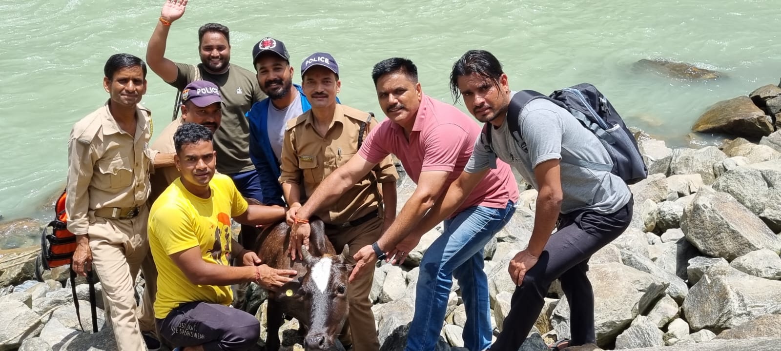 police rescued a cow trapped in the raging Bhagirathi river for 2 days